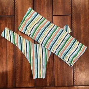 E561 EUC Zaful Green, White, and Orange Striped Bathing Suit